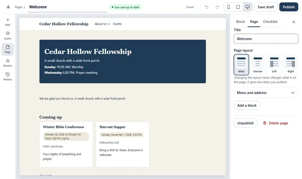 The page editor: a strip of tools on the left, the page drawn in the middle as visitors will see it, Save draft and Publish buttons along the top, and the page's title and layout on the right.