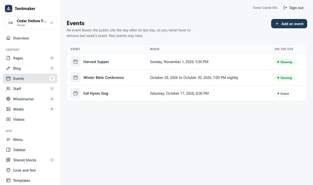 The Events screen: a list of events with their dates and whether each is showing on the site, and an Add an event button.