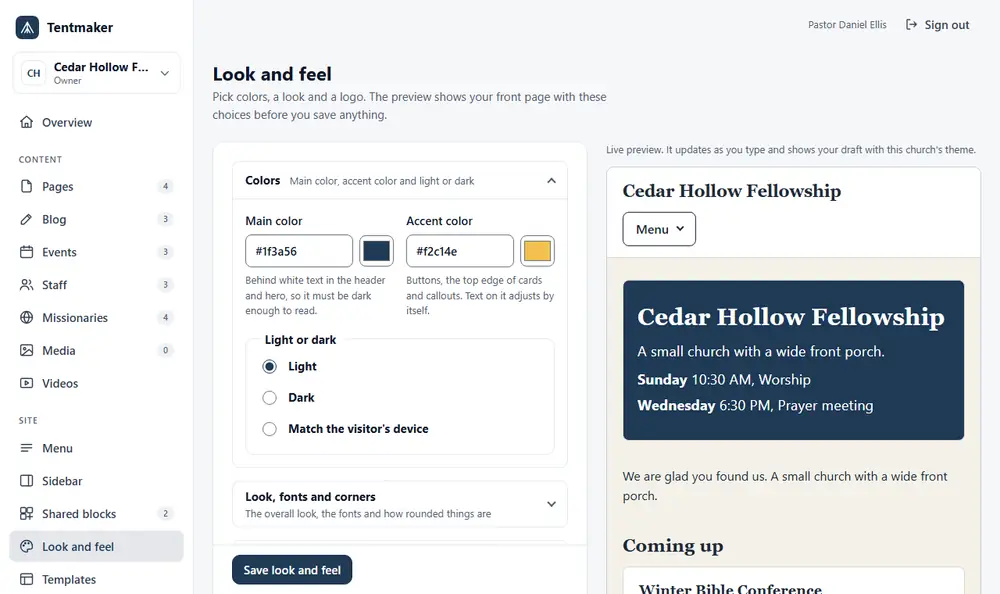 The Look and feel screen: choices for the main color, the accent color and light or dark, with a live preview of the church's front page on the right.