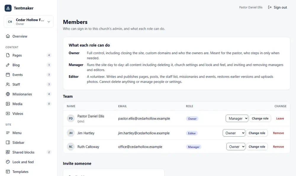 The Members screen: a reminder of what Owner, Manager and Editor can do, and the team listed with each person's role and buttons to change a role or remove someone.