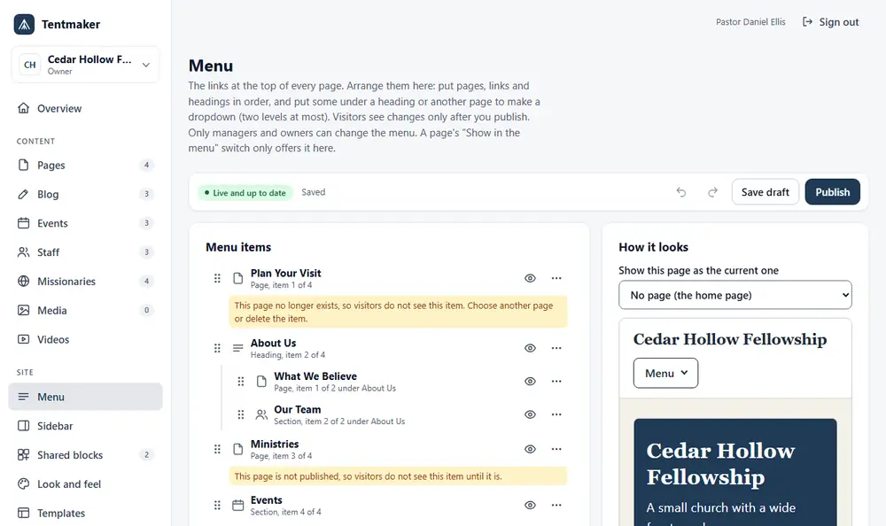 The Menu screen: a list of menu items with the pages, a section and a dropdown under About Us, and a preview of the site's header on the right.