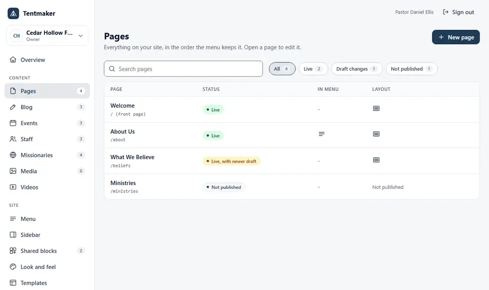 The Pages screen: a search box, buttons to show all, live or draft pages, and a table of pages with their status, whether each is in the menu, and its layout.