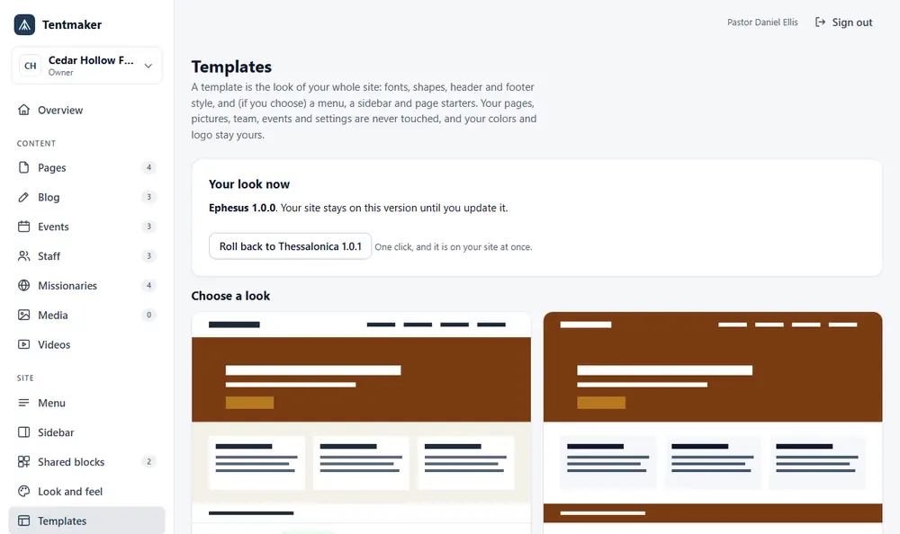 The Templates screen: the look the church uses now, with a Roll back button, and cards for the looks that can be chosen.